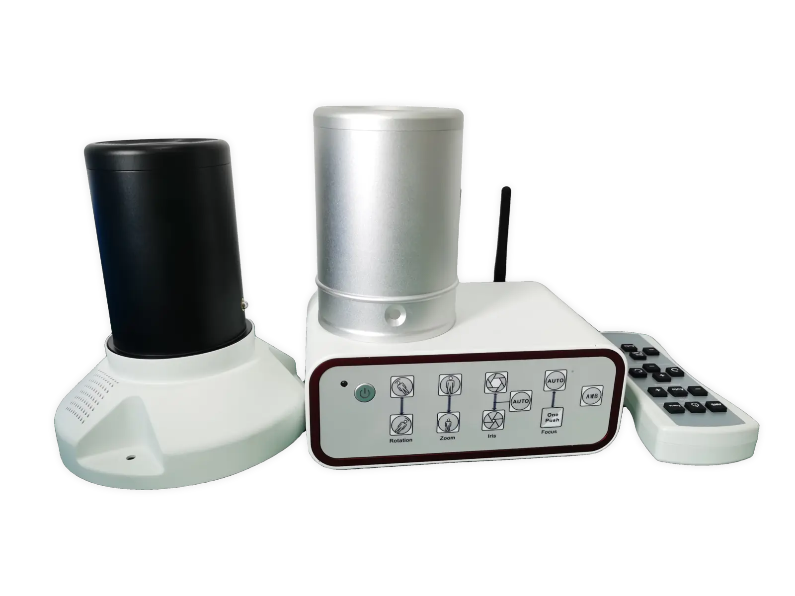 Center-mounted surgical light camera system components including camera, reusable aluminum sterilization cover, wireless receiver and wireless remote control